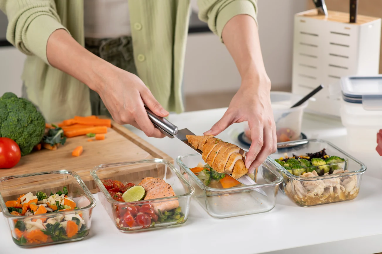 Cutting vegetables with a knife.